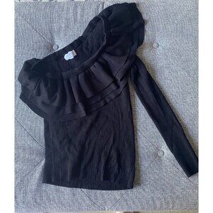 Sofia Jeans by Sofia Vergara Black Ribbed One Shoulder Ruffled Sweater Size M